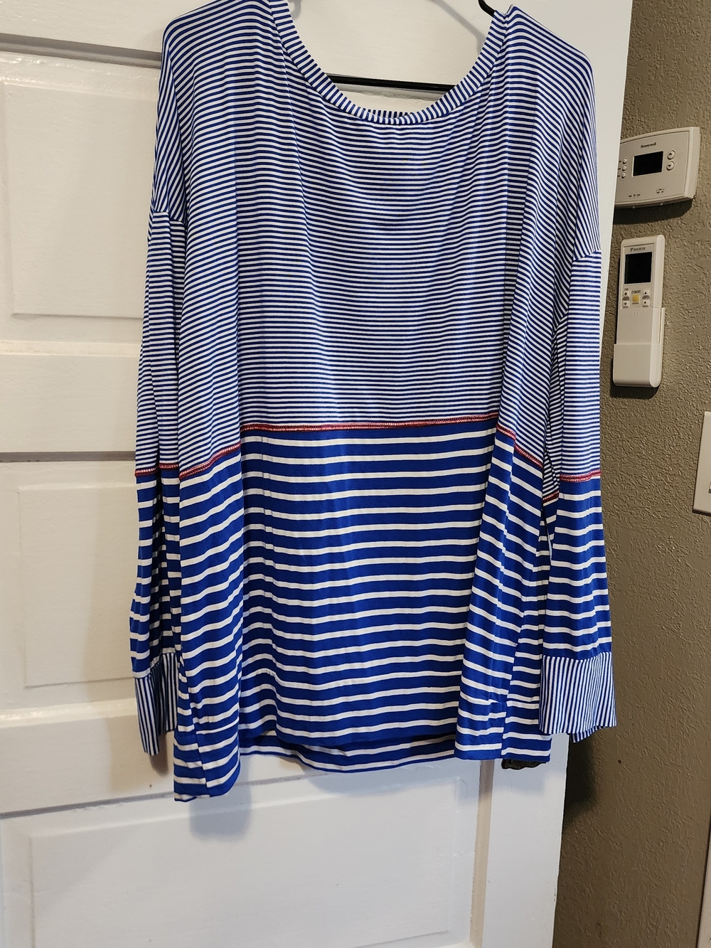 Suzanne Betro Blue and White Striped Long Sleeve Top with Red Trim